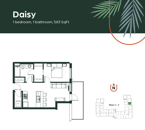 Floor plan for 1 bed, 1 bath, 583 sqft